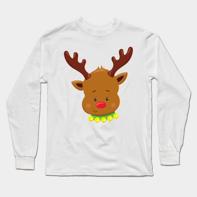 Christmas Reindeer, Red Nose, Antlers, New Year Long Sleeve T-Shirt by Jelena Dunčević